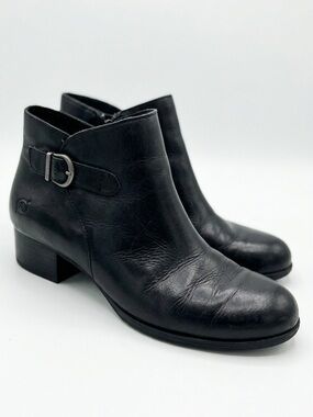 Born Phobos Black Leather Ankle Boots Round Toe Block Heel Size 6